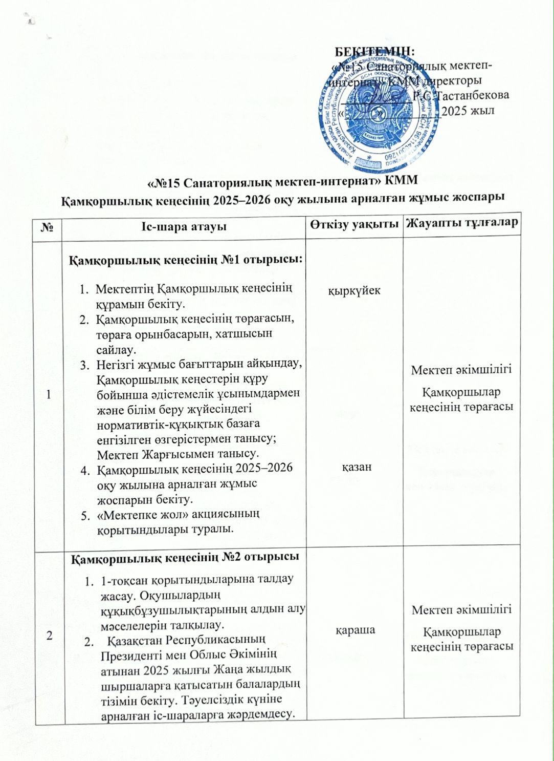 Қамқоршылық кеңестің 2025-2026 оқу жылына арналған жұмыс жоспары